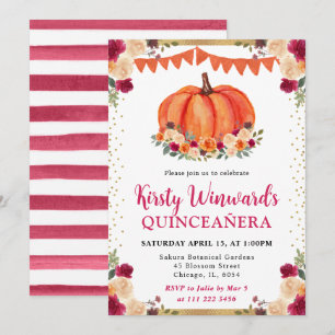 Invitation Citrouille Florale Orange et Rouge d'Automne Quinc