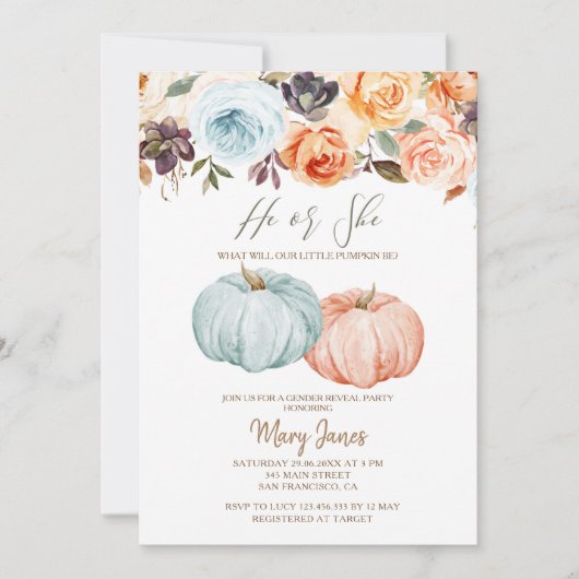Invitation Citrouille Genre Révéler Rustique Floral Invitatio (Devant)