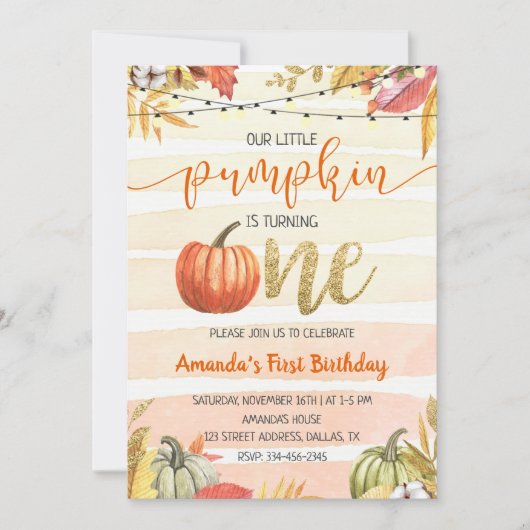 Invitation Citrouille Gold Fall Orange First Birthday Invitat (Devant)