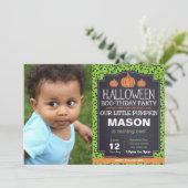 Invitation Citrouille Halloween vert avec photo (Debout devant)