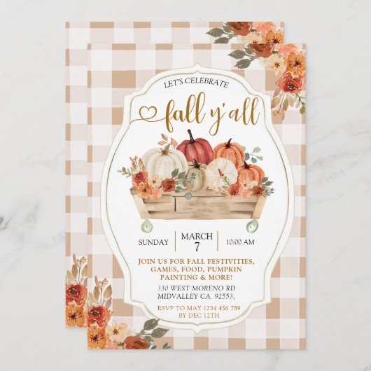 Invitation Citrouille Harvest Brown En vichy Automne Y'all Pa (Devant / Derrière)