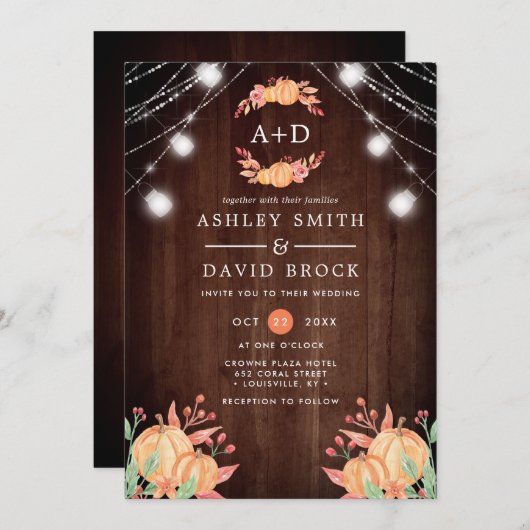 Invitation Citrouille Harvest Monogramme Autumn Lights Mariag (Devant / Derrière)
