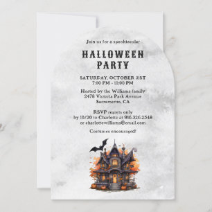 Invitation Citrouille Haunted House Bats Halloween Party