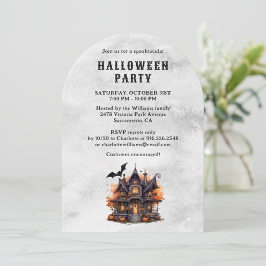 Invitation Citrouille Haunted House Bats Halloween Party (Debout devant)