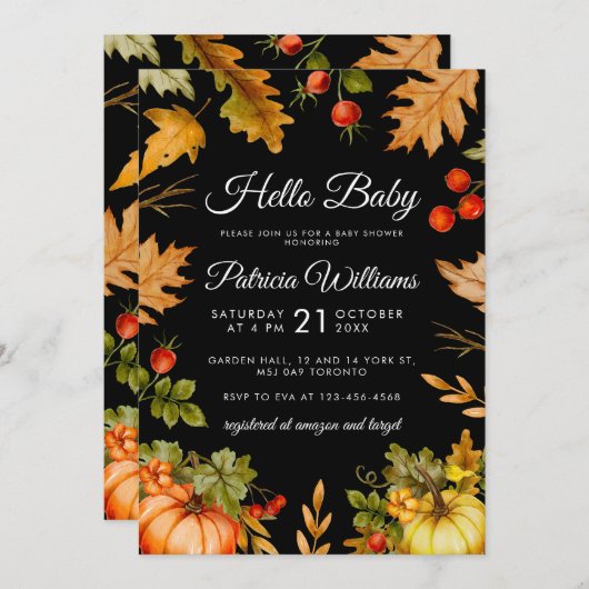 Invitation Citrouille Hello Baby Foliage Baby shower d'automn (Devant / Derrière)