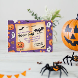 Invitation Citrouille mignon Halloween Bash Orange Purple