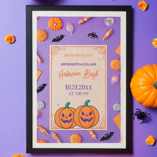 Invitation Citrouille mignon Halloween Bash Orange Purple