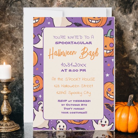 Invitation Citrouille mignon Halloween Bash Orange Purple