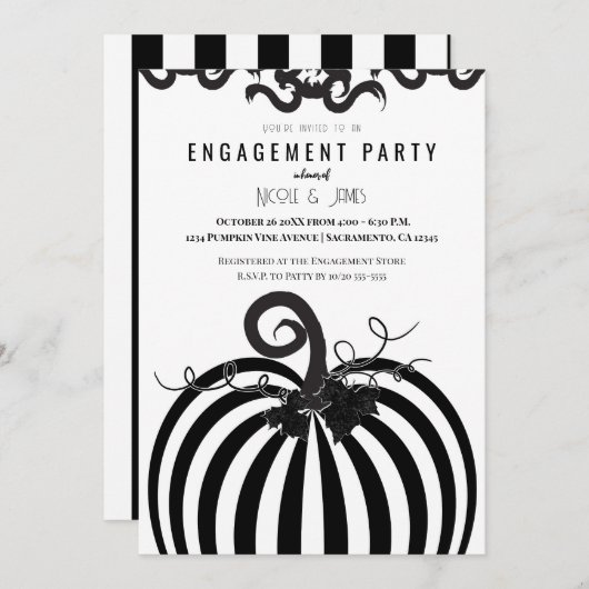 Invitation Citrouille noir blanc rayé automne (Devant / Derrière)