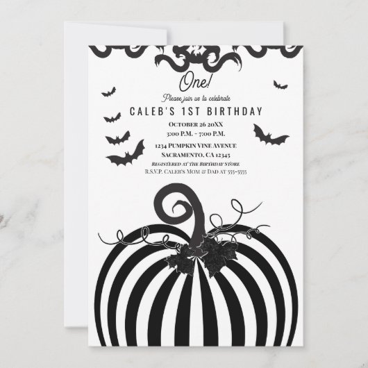 Invitation Citrouille noire et blanche Halloween 1er annivers (Devant)