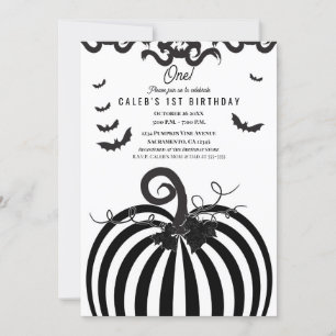 Invitation Citrouille noire et blanche Halloween 1er annivers