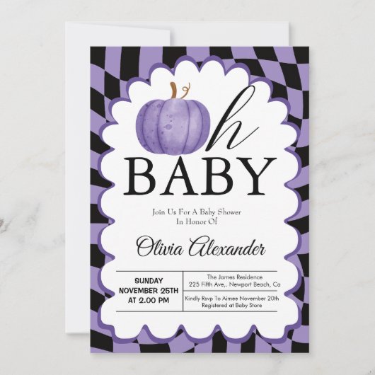 Invitation Citrouille Oh Baby Purple À damiers Baby shower (Devant)