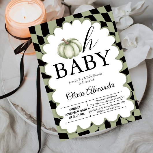 Invitation Citrouille Oh Baby Sage Vert À damiers Baby shower