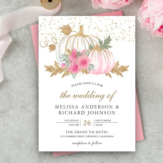 Invitation Citrouille or et blanc rose Mariage de automne flo