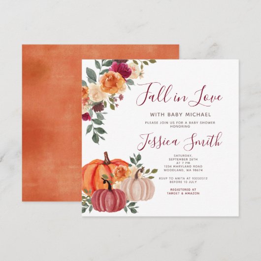 Invitation Citrouille orange brûlé chute dans le Baby shower  (Devant / Derrière)