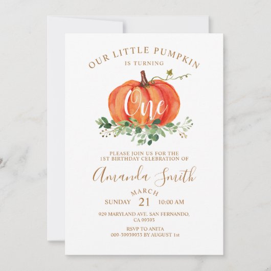 Invitation Citrouille orange fête son premier anniversaire fl (Devant)