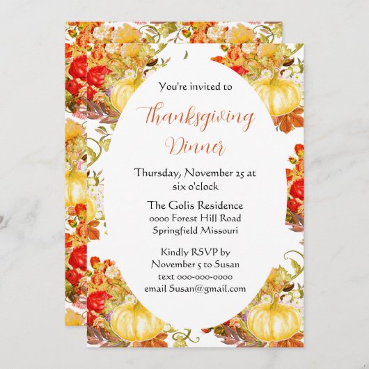 Invitation Citrouille Orange Fleurs Thanksgiving Dîner (Devant / Derrière)