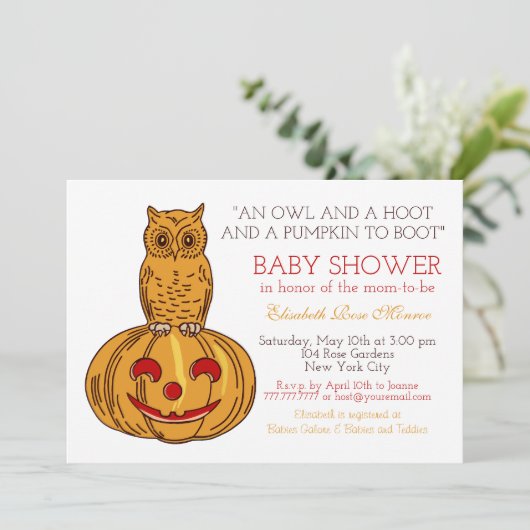 Invitation Citrouille Owl & En vichy Baby shower (Debout devant)