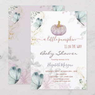 Invitation Citrouille Pailletée Papillons Bleus Baby Shower
