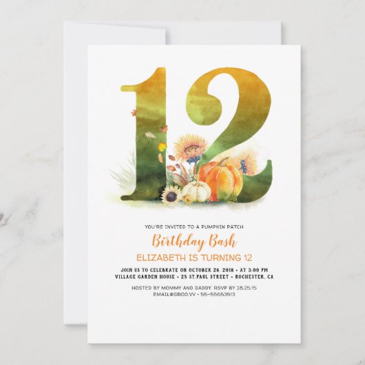 Invitation Citrouille Patch 12 Anniversaire Bash automne Invi (Devant)