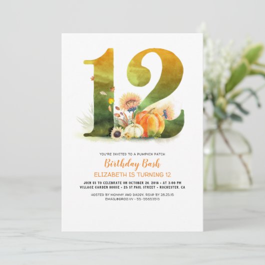 Invitation Citrouille Patch 12 Anniversaire Bash automne Invi (Debout devant)