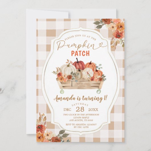 Invitation Citrouille Patch Automne En vichy Floral Premier A (Devant)