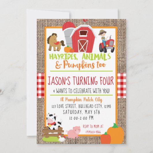 Invitation Citrouille Patch Farmer Boys Red En vichy Annivers (Devant)