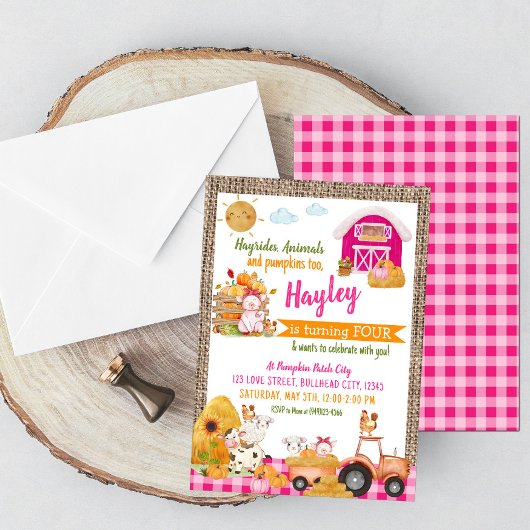 Invitation Citrouille Patch Farmer Girls Pink Anniversaire