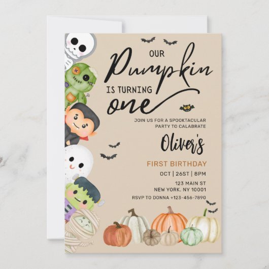 Invitation Citrouille Patch Halloween 1er anniversaire Invita (Devant)
