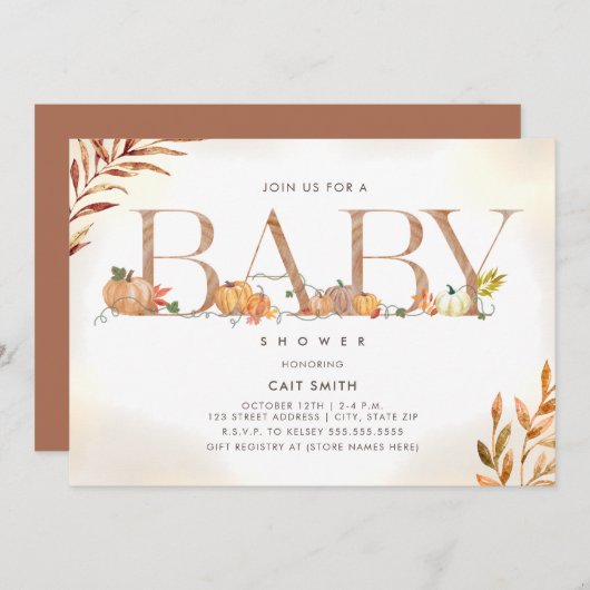 Invitation Citrouille Patch Lettrage Automne Baby shower Auto (Devant / Derrière)