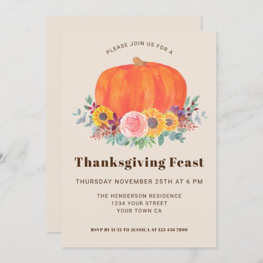 Invitation Citrouille Patch Thanksgiving Dîner (Devant / Derrière)