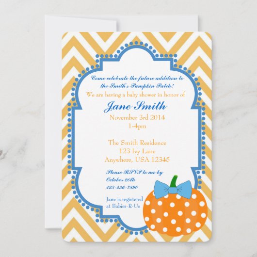Invitation Citrouille Patch thème garçon Baby shower Invitati (Devant)