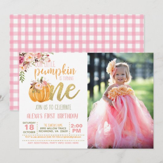 Invitation Citrouille photo d'invitation pour le premier anni (Devant / Derrière)