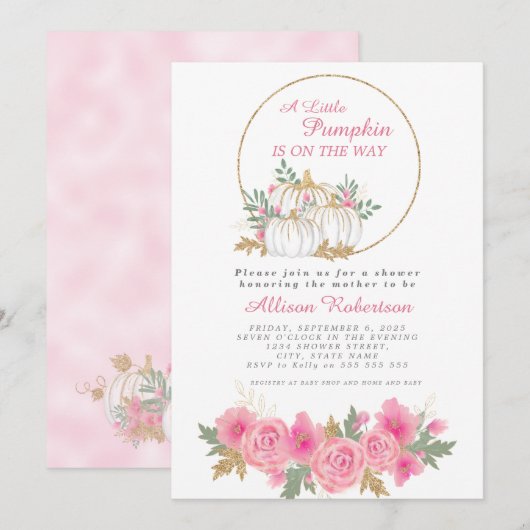 Invitation Citrouille Pink Gold Baby shower Floral (Devant / Derrière)