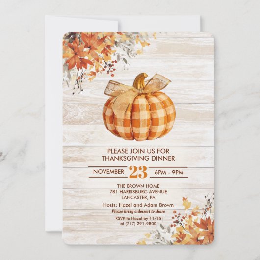 Invitation Citrouille Plaid Thanksgiving (Devant)