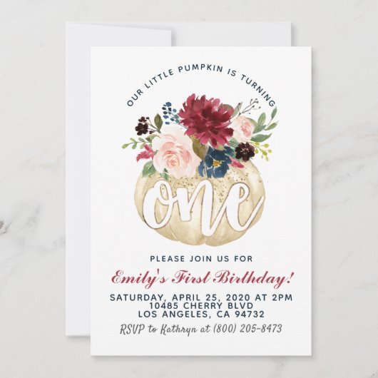 Invitation citrouille pour le premier anniversaire (Devant)