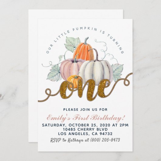 Invitation citrouille pour le premier anniversaire (Devant / Derrière)