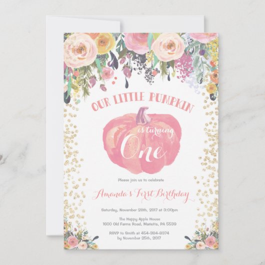Invitation citrouille premier anniversaire Floral  (Devant)