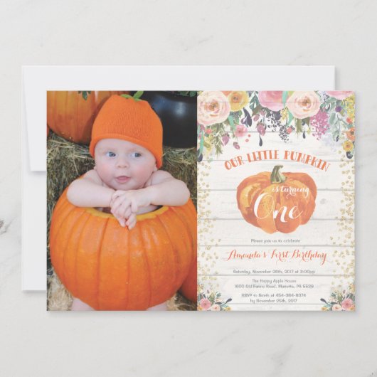 Invitation citrouille premier anniversaire Floral (Devant)