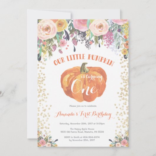 Invitation citrouille premier anniversaire Floral (Devant)
