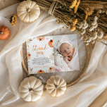 Invitation Citrouille Premier anniversaire Merci photo<br><div class="desc">Envoyez une note sincère avec cet adorable carte de remerciements photo citrouille. Doté de citrouilles d’aquarelle, de fleurs d’automne rustiques et d’espace pour la photo de votre bébé, ce design est parfait pour remercier les invités après une petite fête citrouille de premier anniversaire. Personnalisez avec le nom, le message et...</div>