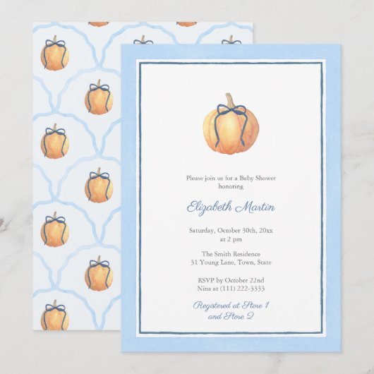 Invitation Citrouille Preppy Avec Baby shower Bleu Bow Pour G (Devant / Derrière)
