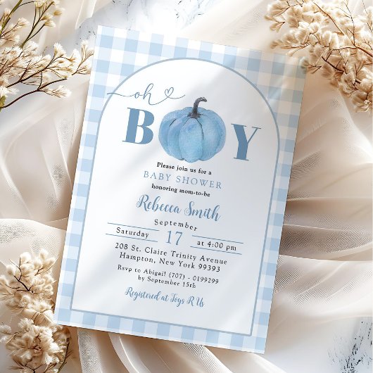 Invitation Citrouille préppy bleu Plaid Oh Baby shower garçon