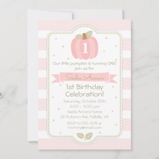 Invitation Citrouille rose 1er anniversaire fille d'automne (Devant)