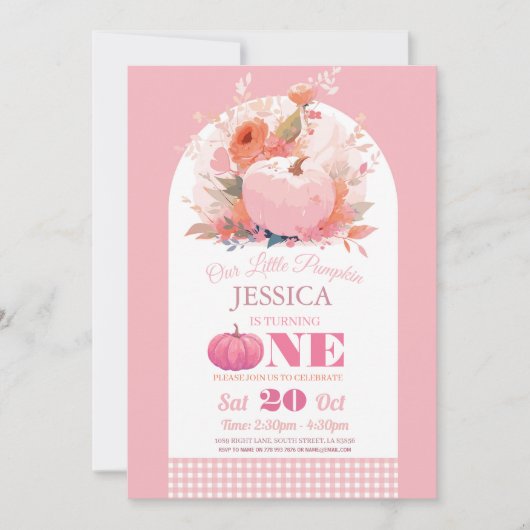 Invitation Citrouille rose 1er Anniversaire Filles automne au (Devant)