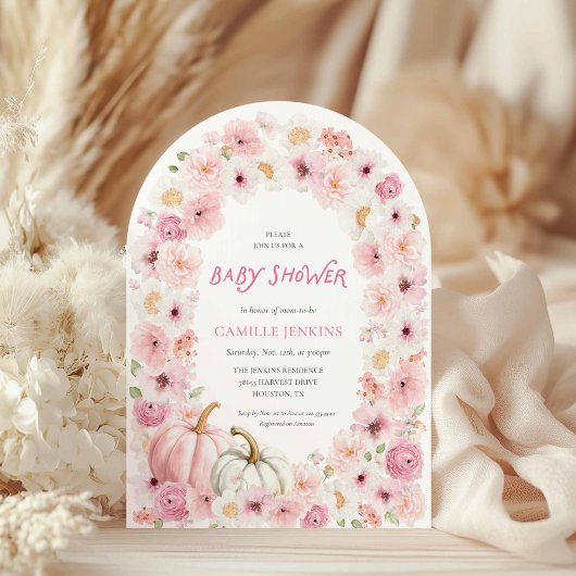 Invitation Citrouille rose automne et Arche florale