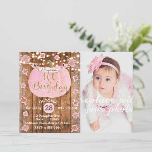 Invitation Citrouille rose Automne Lumières rustiques 1er ann (Debout devant)