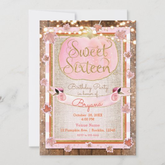 Invitation Citrouille rose Automne quitte Rustique SWEET 16 P (Devant)