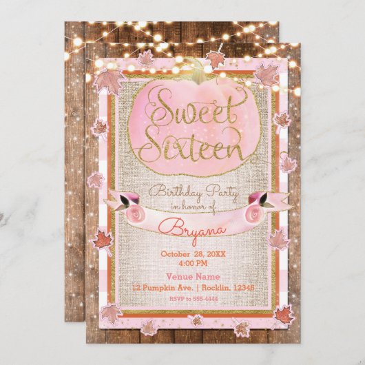 Invitation Citrouille rose Automne quitte Rustique SWEET 16 P (Devant / Derrière)