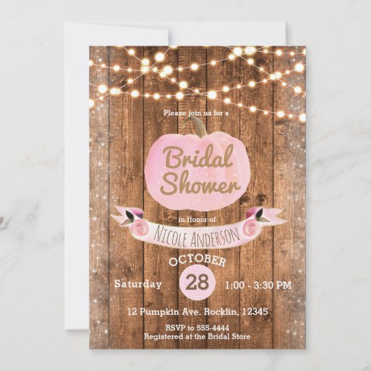 Invitation Citrouille rose Automne Rustique Bois Lumières Fêt (Devant)